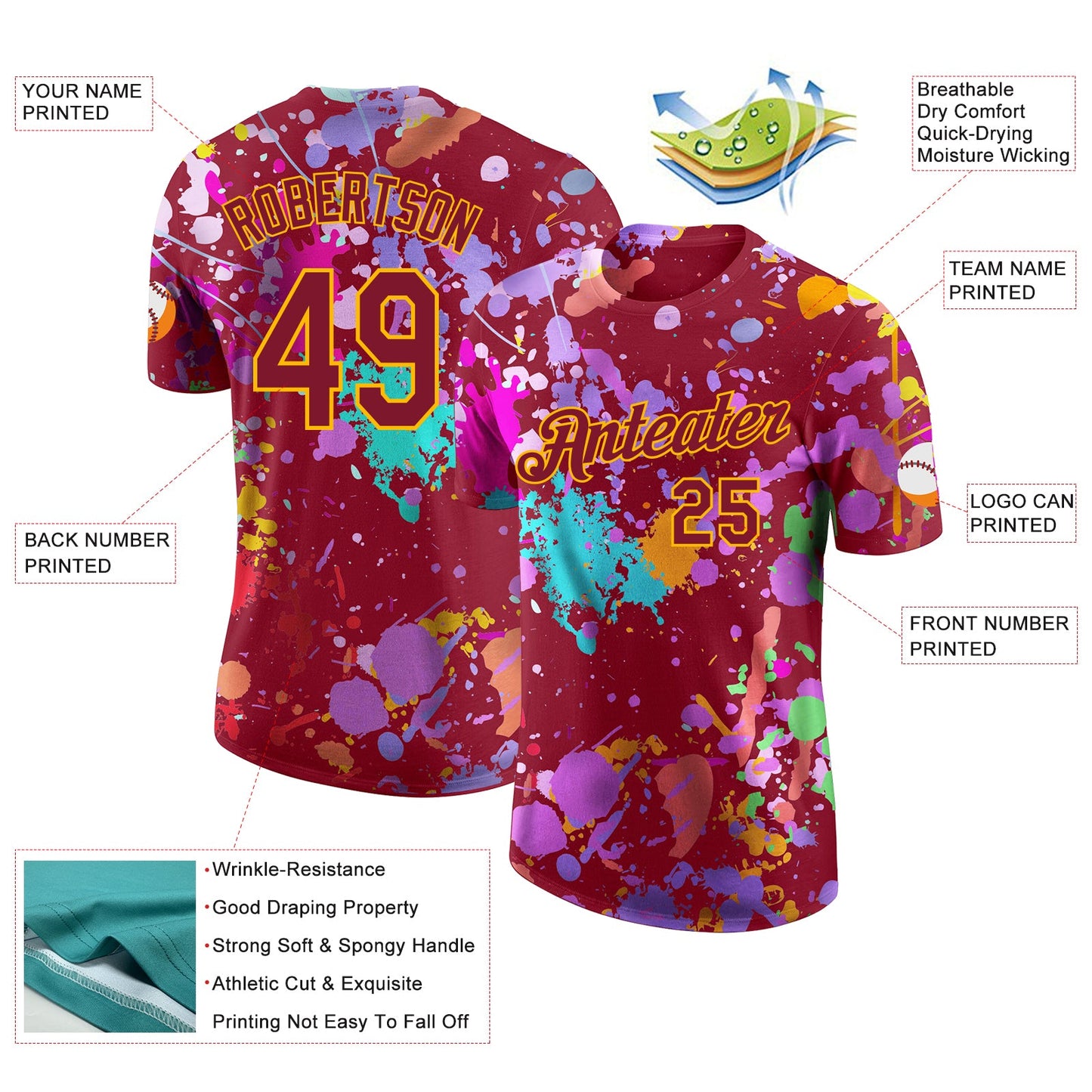 Custom Graffiti Pattern Crimson-Gold Vibrant Multicolor Paint Splatter Performance T-Shirt
