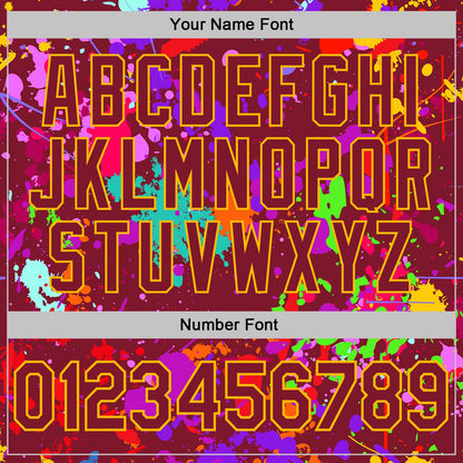 Custom Graffiti Pattern Crimson-Gold Vibrant Multicolor Paint Splatter Performance T-Shirt