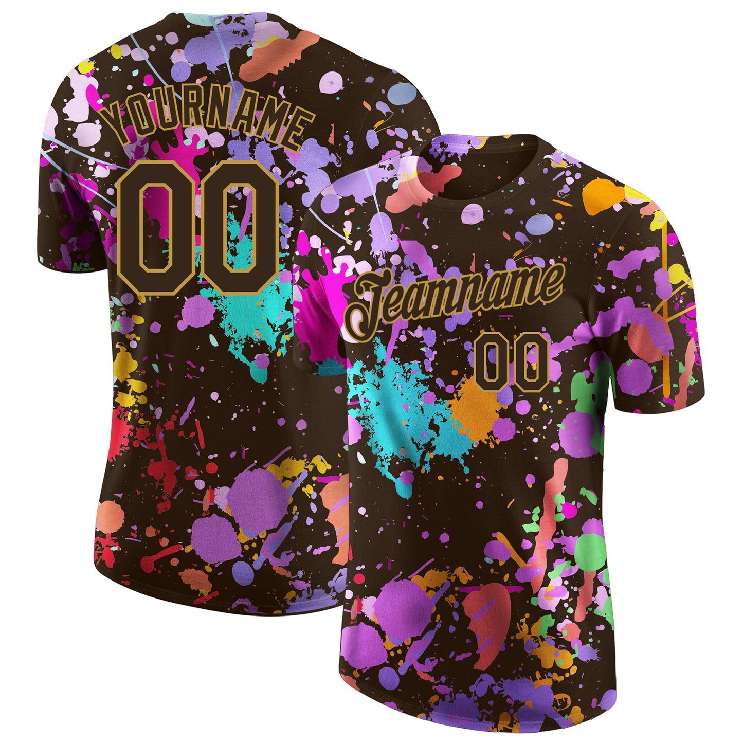 Custom Graffiti Pattern Brown-Old Gold Vibrant Multicolor Paint Splatter Performance T-Shirt