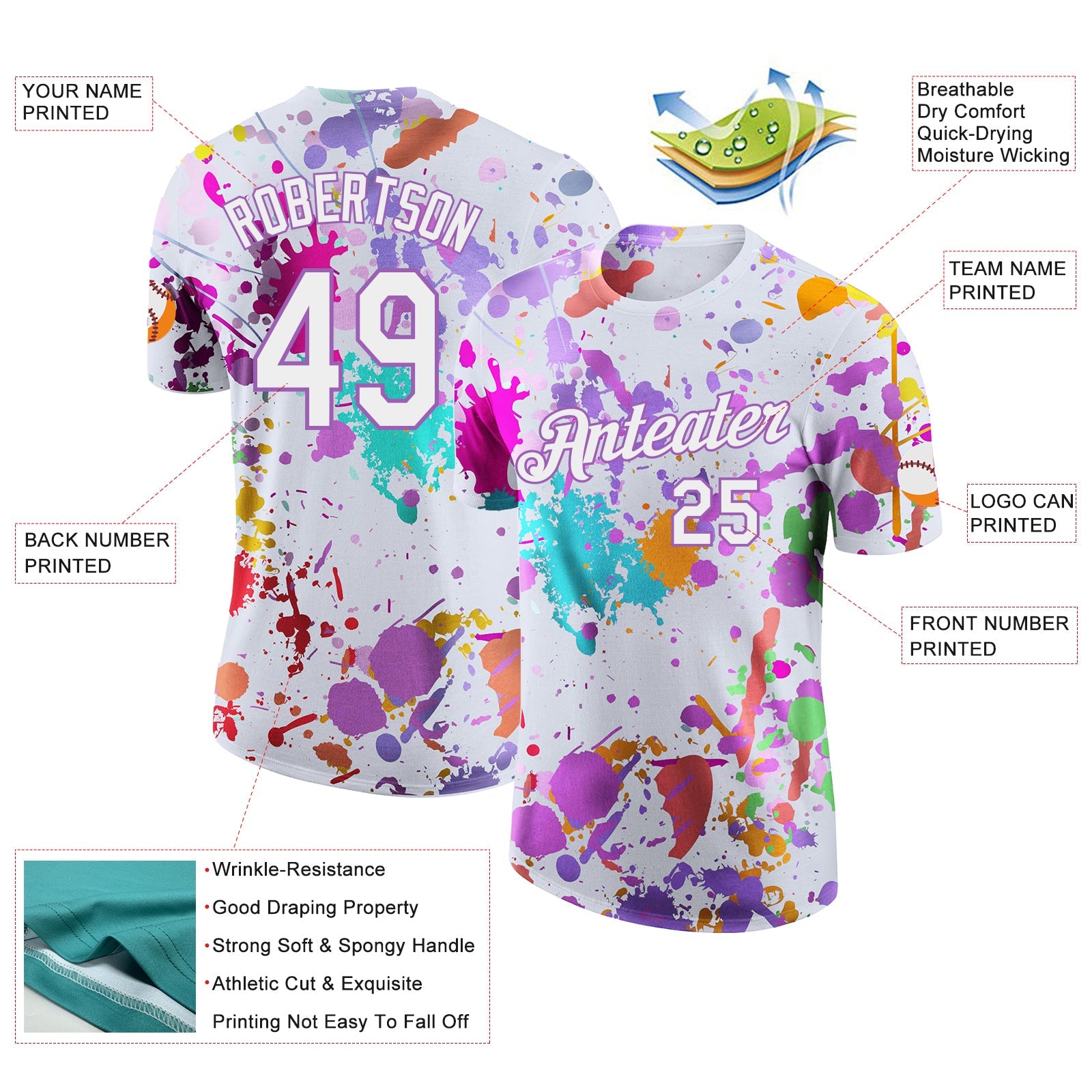 Custom Graffiti Pattern White-Medium Purple Vibrant Multicolor Paint Splatter Performance T-Shirt