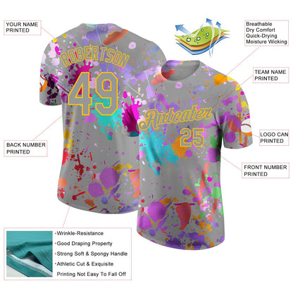 Custom Graffiti Pattern Gray-Yellow Vibrant Multicolor Paint Splatter Performance T-Shirt