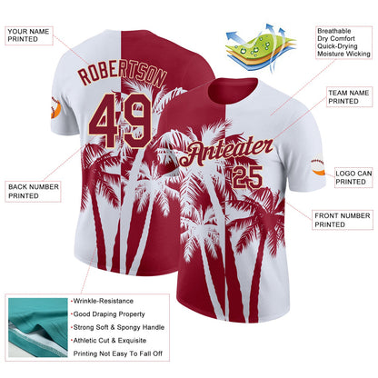 Custom White Crimson-Cream Hawaii Tropical Coastal Palm Trees Performance T-Shirt