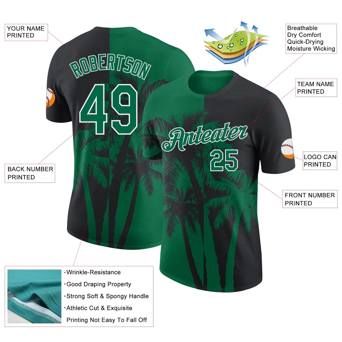 Custom Black Kelly Green-White Hawaii Tropical Coastal Palm Trees Performance T-Shirt