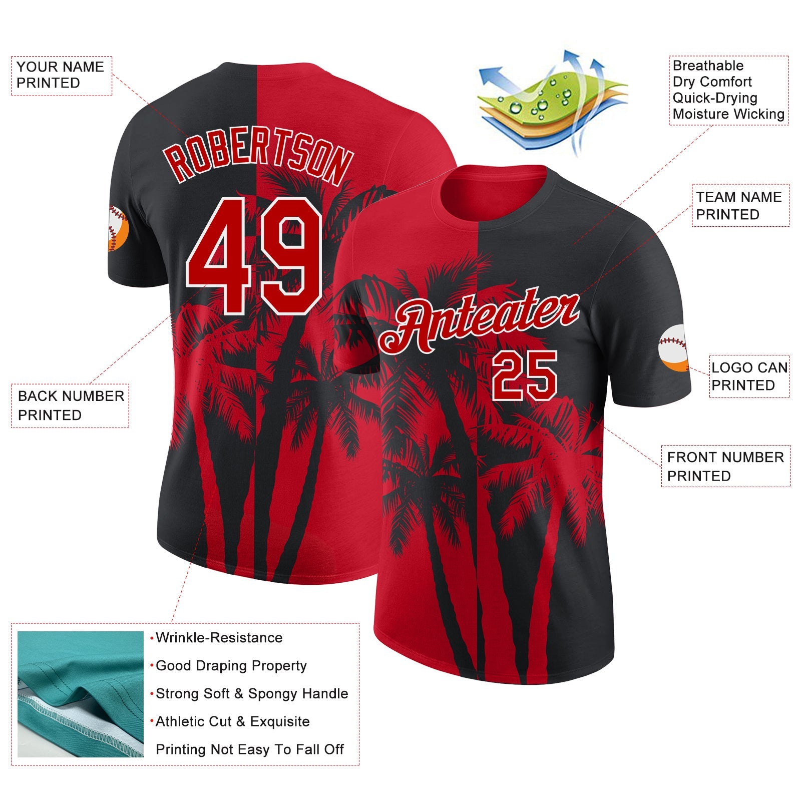 Custom Black Red-White Hawaii Tropical Coastal Palm Trees Performance T-Shirt