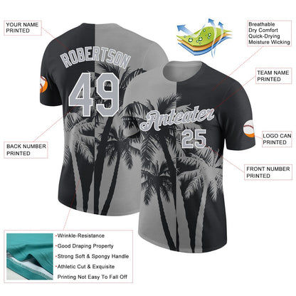 Custom Black Gray-White Hawaii Tropical Coastal Palm Trees Performance T-Shirt