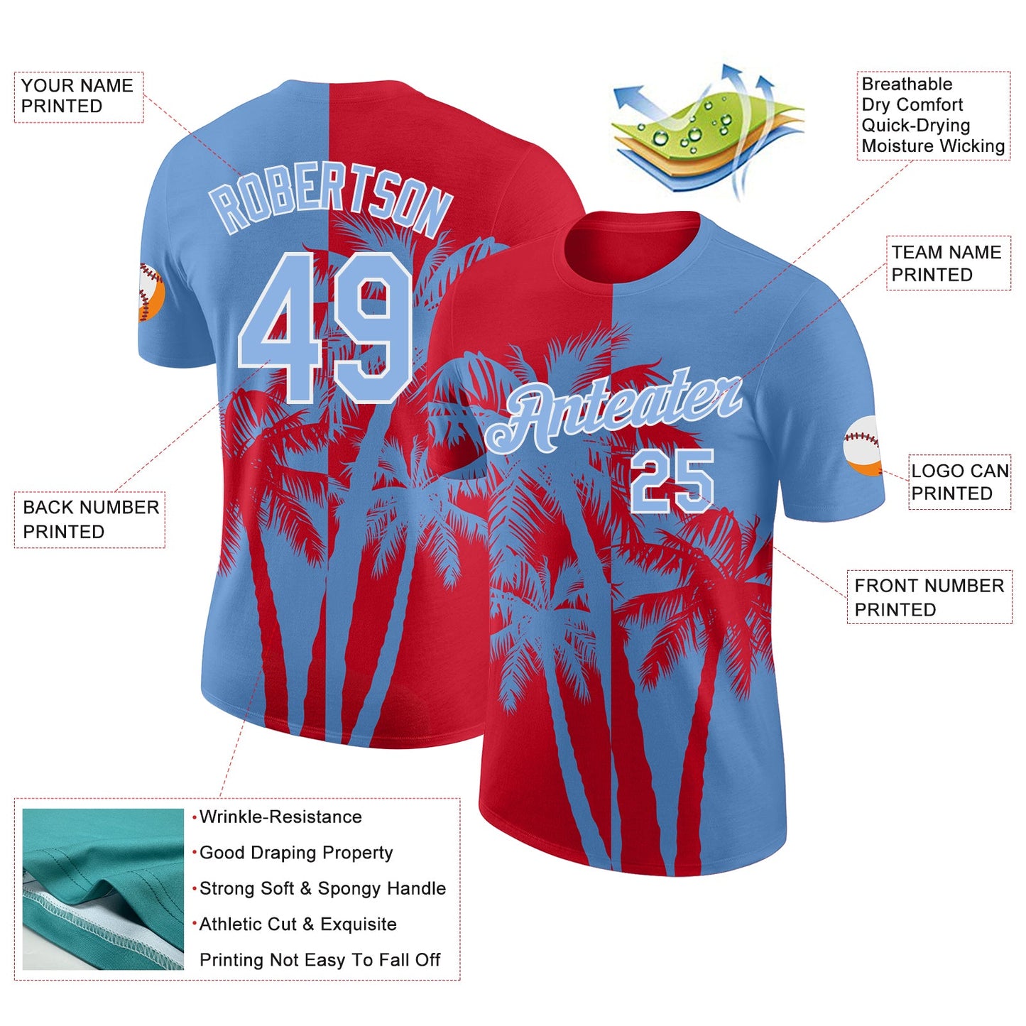 Custom Light Blue Red-White Hawaii Tropical Coastal Palm Trees Performance T-Shirt