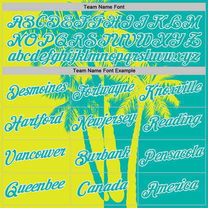 Custom Aqua Neon Yellow-White Hawaii Tropical Coastal Palm Trees Performance T-Shirt