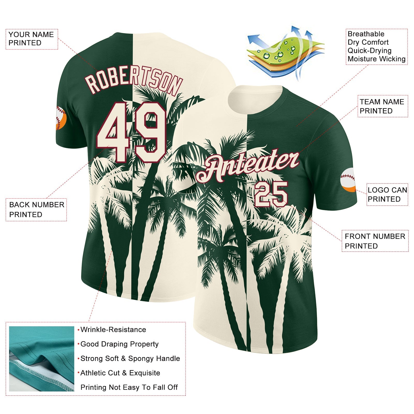 Custom Green Cream-Crimson Hawaii Tropical Coastal Palm Trees Performance T-Shirt
