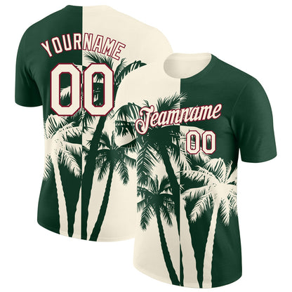 Custom Green Cream-Crimson Hawaii Tropical Coastal Palm Trees Performance T-Shirt