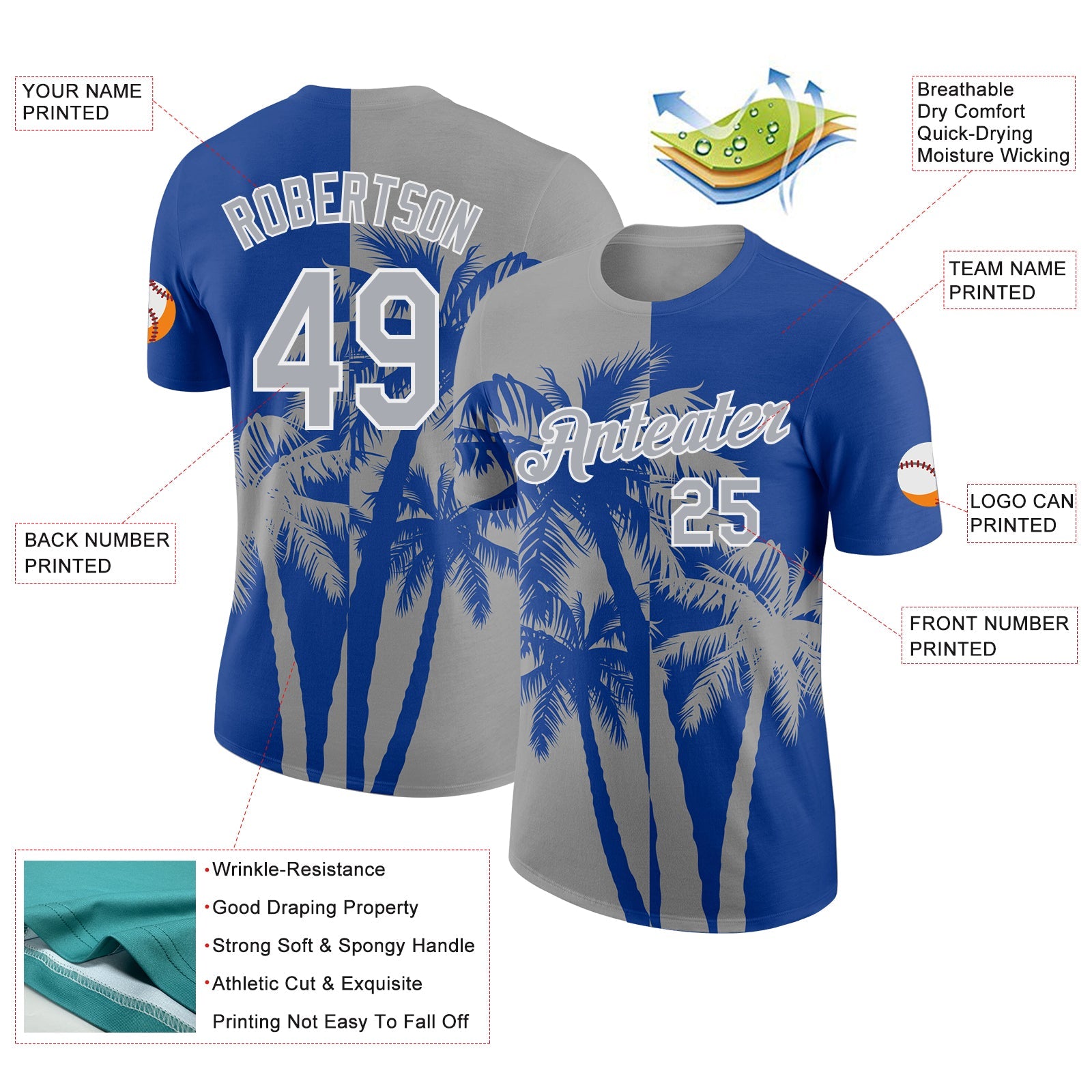 Custom Royal Gray-White Hawaii Tropical Coastal Palm Trees Performance T-Shirt