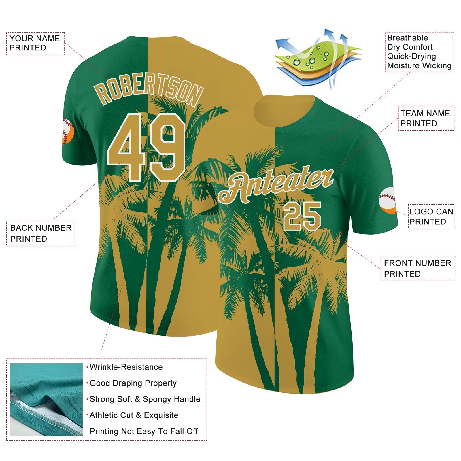 Custom Kelly Green Old Gold-White Hawaii Tropical Coastal Palm Trees Performance T-Shirt