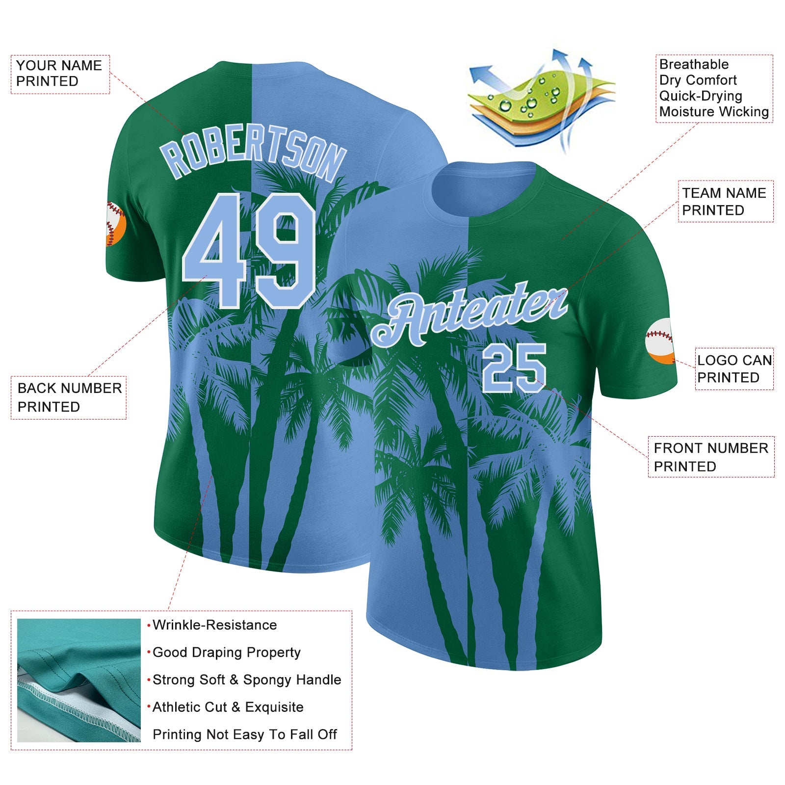 Custom Kelly Green Light Blue-White Hawaii Tropical Coastal Palm Trees Performance T-Shirt