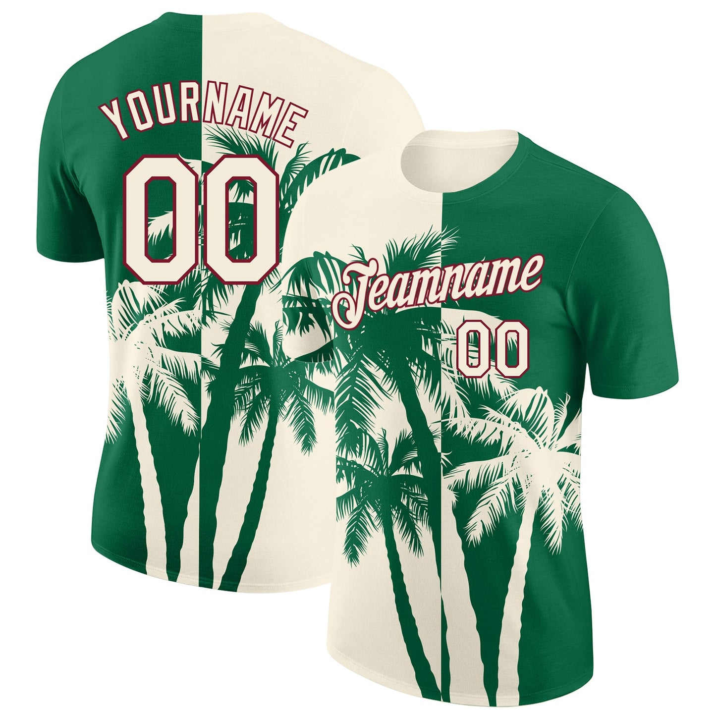 Custom Kelly Green Cream-Crimson Hawaii Tropical Coastal Palm Trees Performance T-Shirt