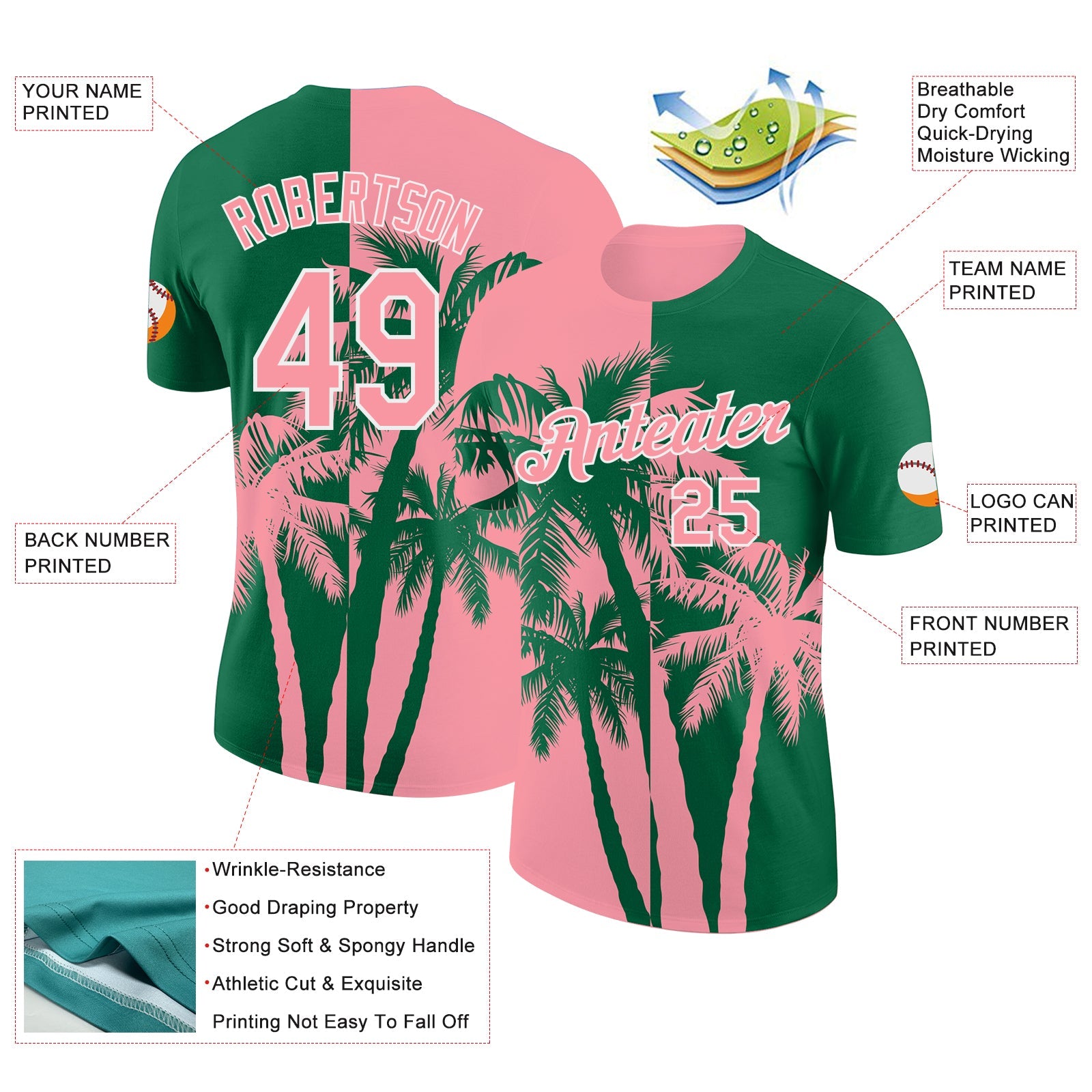 Custom Kelly Green Medium Pink-White Hawaii Tropical Coastal Palm Trees Performance T-Shirt