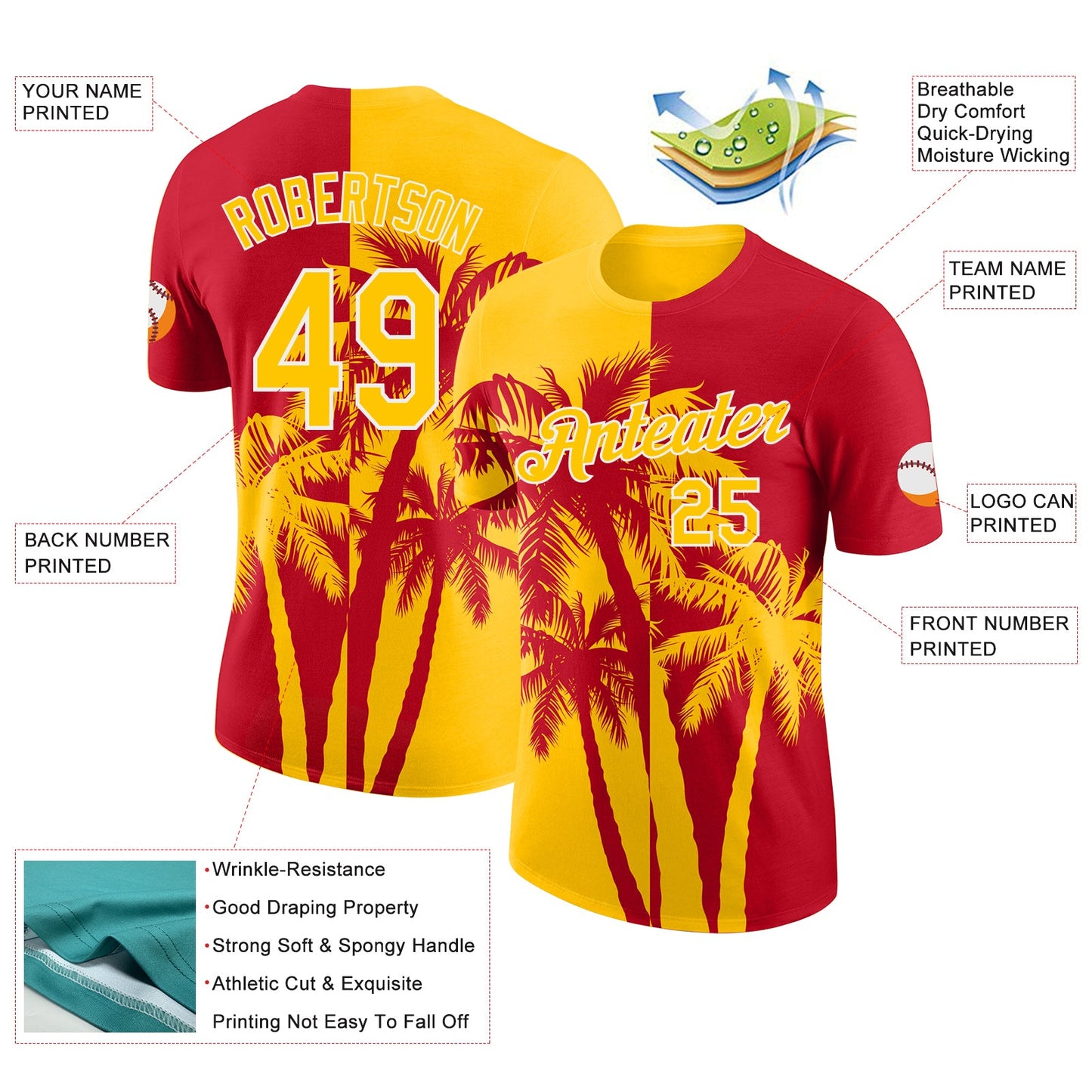 Custom Red Yellow-White Hawaii Tropical Coastal Palm Trees Performance T-Shirt