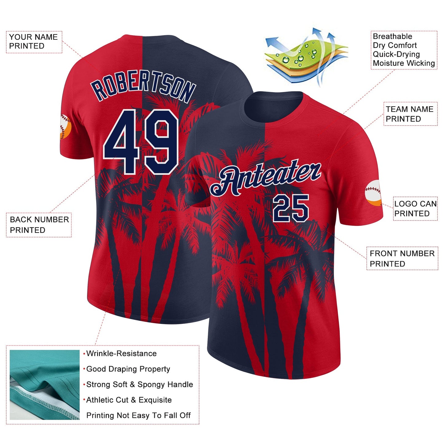Custom Red Navy-White Hawaii Tropical Coastal Palm Trees Performance T-Shirt