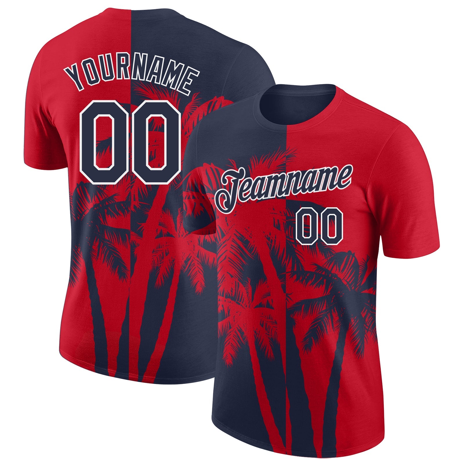 Custom Red Navy-White Hawaii Tropical Coastal Palm Trees Performance T-Shirt