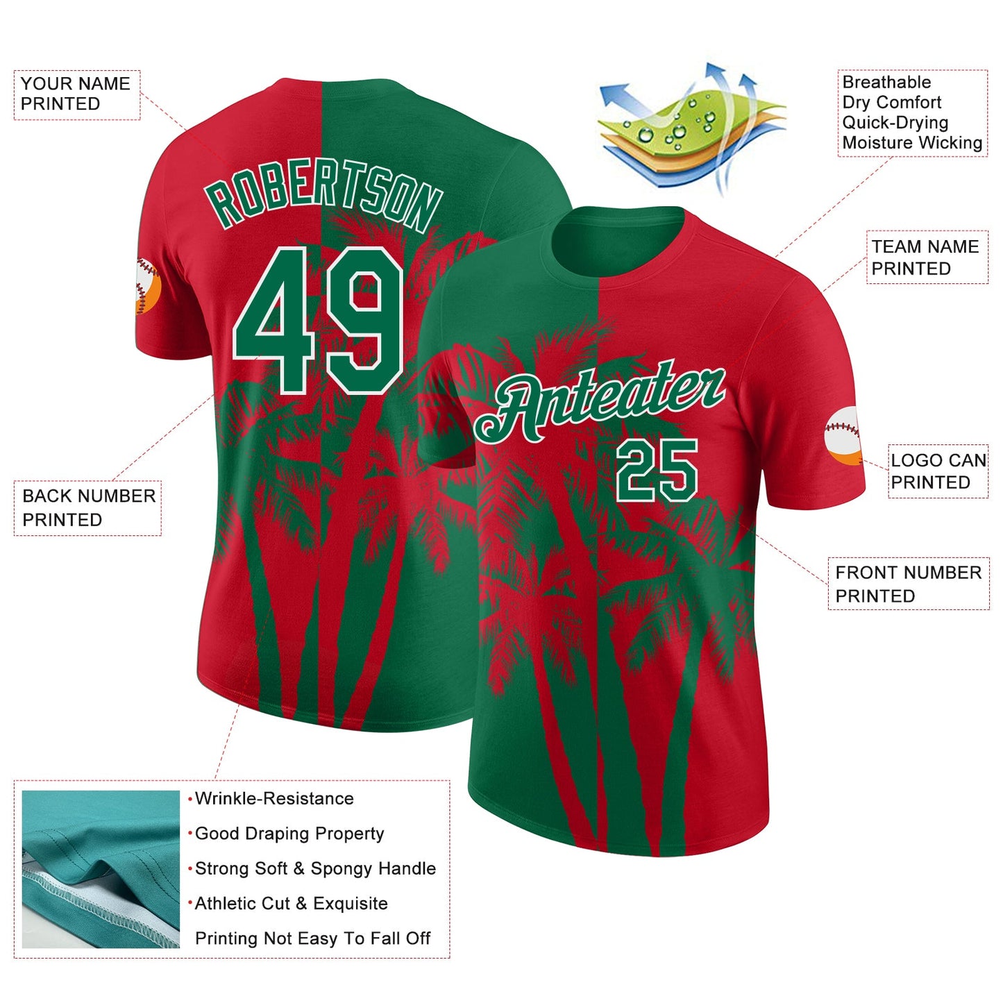 Custom Red Kelly Green-White Hawaii Tropical Coastal Palm Trees Performance T-Shirt