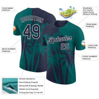 Custom Teal Navy-White Hawaii Tropical Coastal Palm Trees Performance T-Shirt