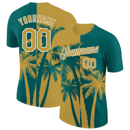 Custom Teal Old Gold-White Hawaii Tropical Coastal Palm Trees Performance T-Shirt