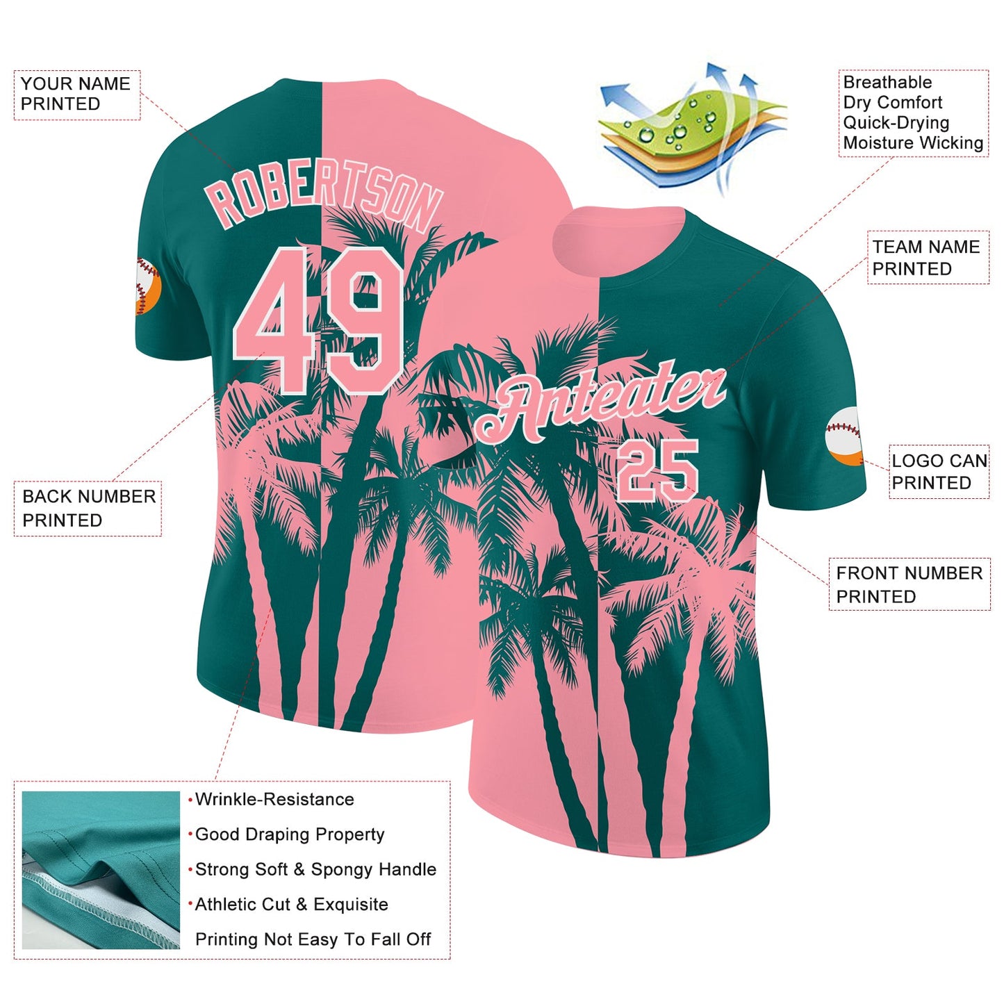 Custom Teal Medium Pink-White Hawaii Tropical Coastal Palm Trees Performance T-Shirt
