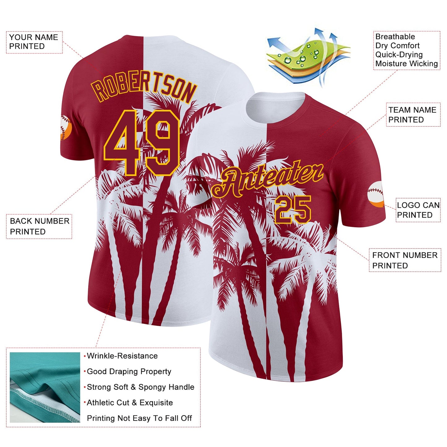 Custom Crimson White-Yellow Hawaii Tropical Coastal Palm Trees Performance T-Shirt