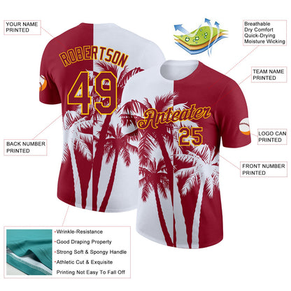 Custom Crimson White-Yellow Hawaii Tropical Coastal Palm Trees Performance T-Shirt