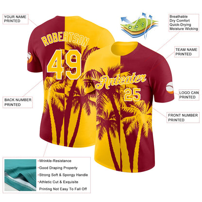 Custom Crimson Yellow-White Hawaii Tropical Coastal Palm Trees Performance T-Shirt