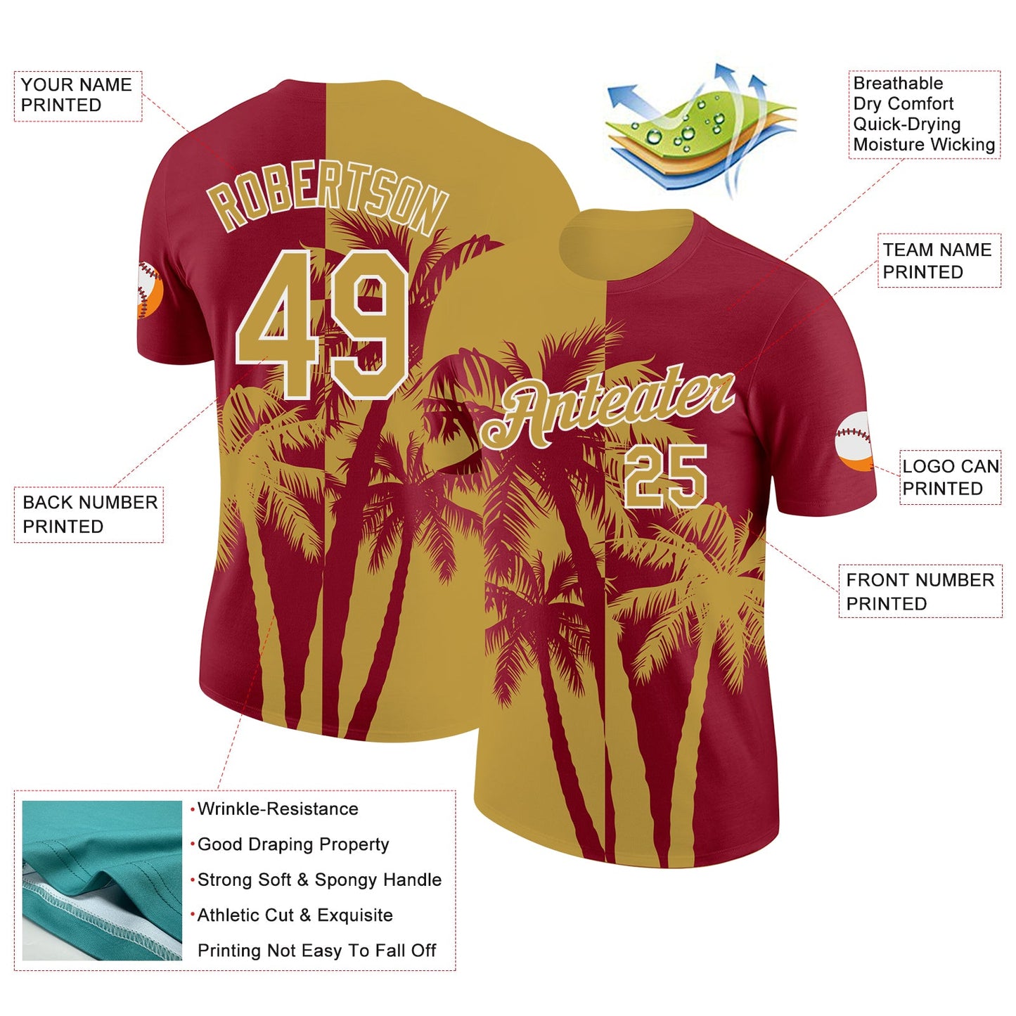 Custom Crimson Old Gold-White Hawaii Tropical Coastal Palm Trees Performance T-Shirt