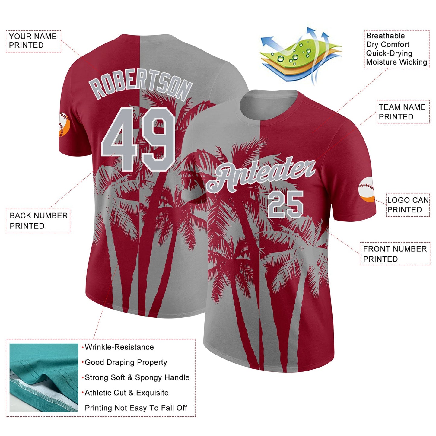 Custom Crimson Gray-White Hawaii Tropical Coastal Palm Trees Performance T-Shirt