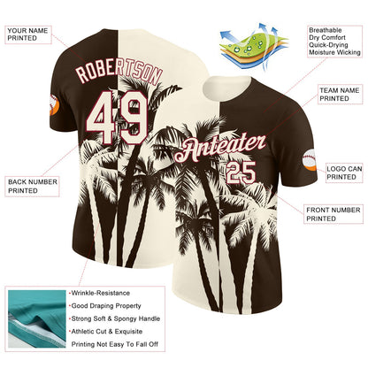 Custom Brown Cream-Crimson Hawaii Tropical Coastal Palm Trees Performance T-Shirt