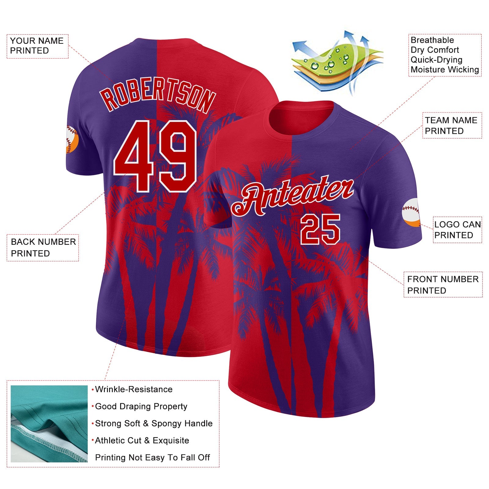 Custom Purple Red-White Hawaii Tropical Coastal Palm Trees Performance T-Shirt