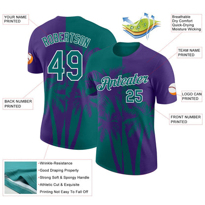 Custom Purple Teal-White Hawaii Tropical Coastal Palm Trees Performance T-Shirt