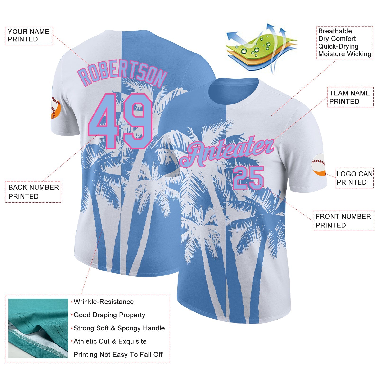 Custom White Light Blue-Pink Hawaii Tropical Coastal Palm Trees Performance T-Shirt