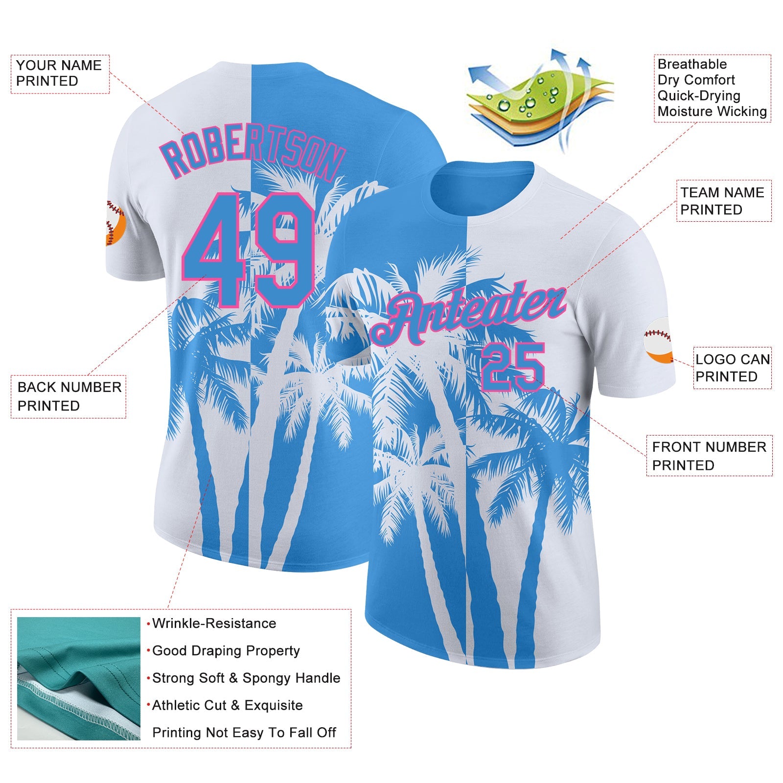 Custom White Powder Blue-Pink Hawaii Tropical Coastal Palm Trees Performance T-Shirt