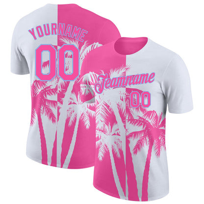 Custom White Pink-Light Blue Hawaii Tropical Coastal Palm Trees Performance T-Shirt