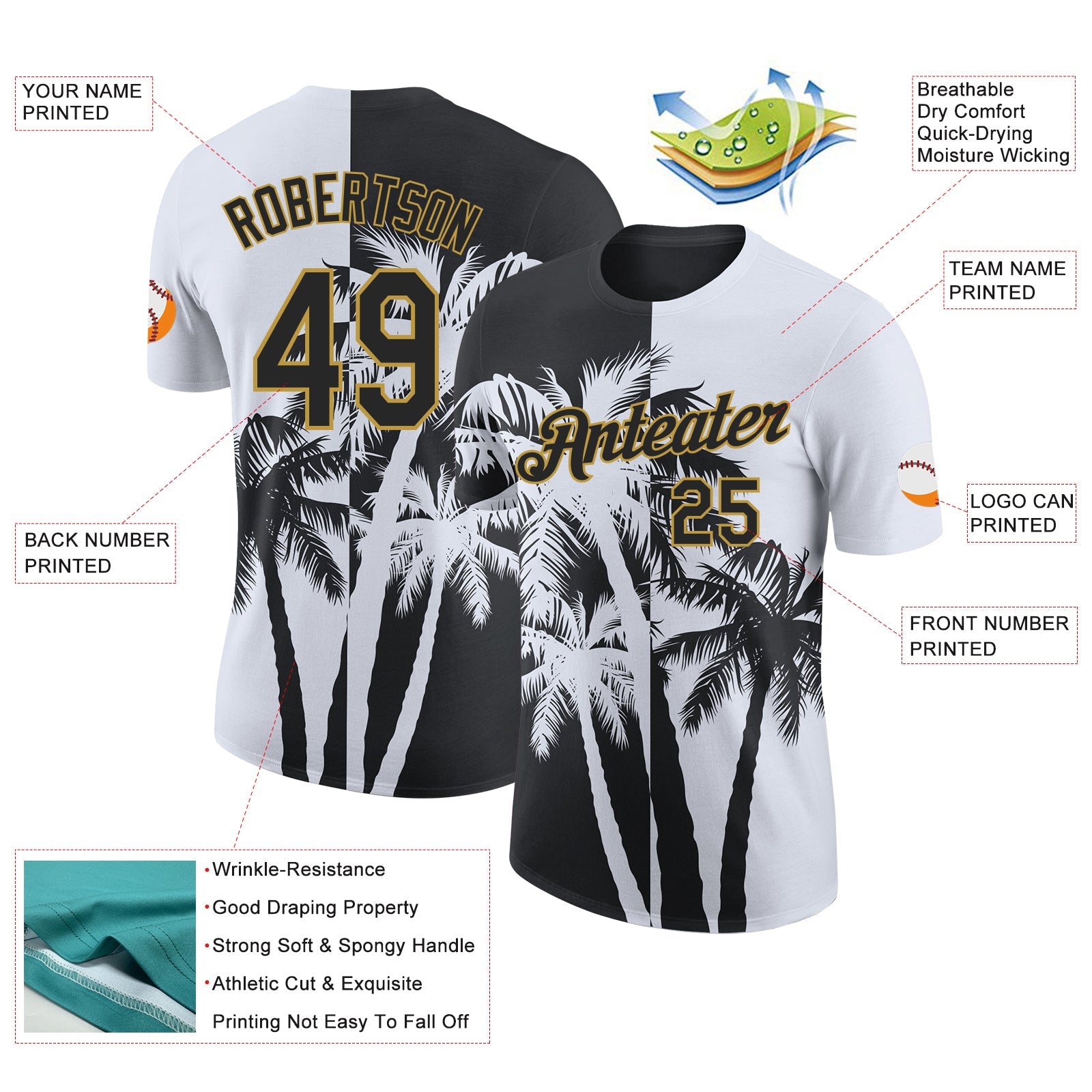 Custom White Black-Old Gold Hawaii Tropical Coastal Palm Trees Performance T-Shirt