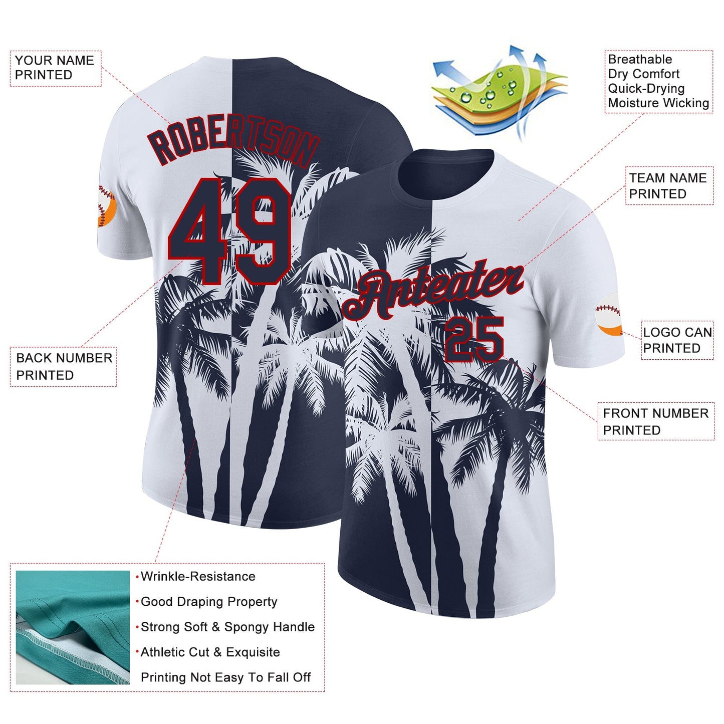 Custom White Navy-Red Hawaii Tropical Coastal Palm Trees Performance T-Shirt