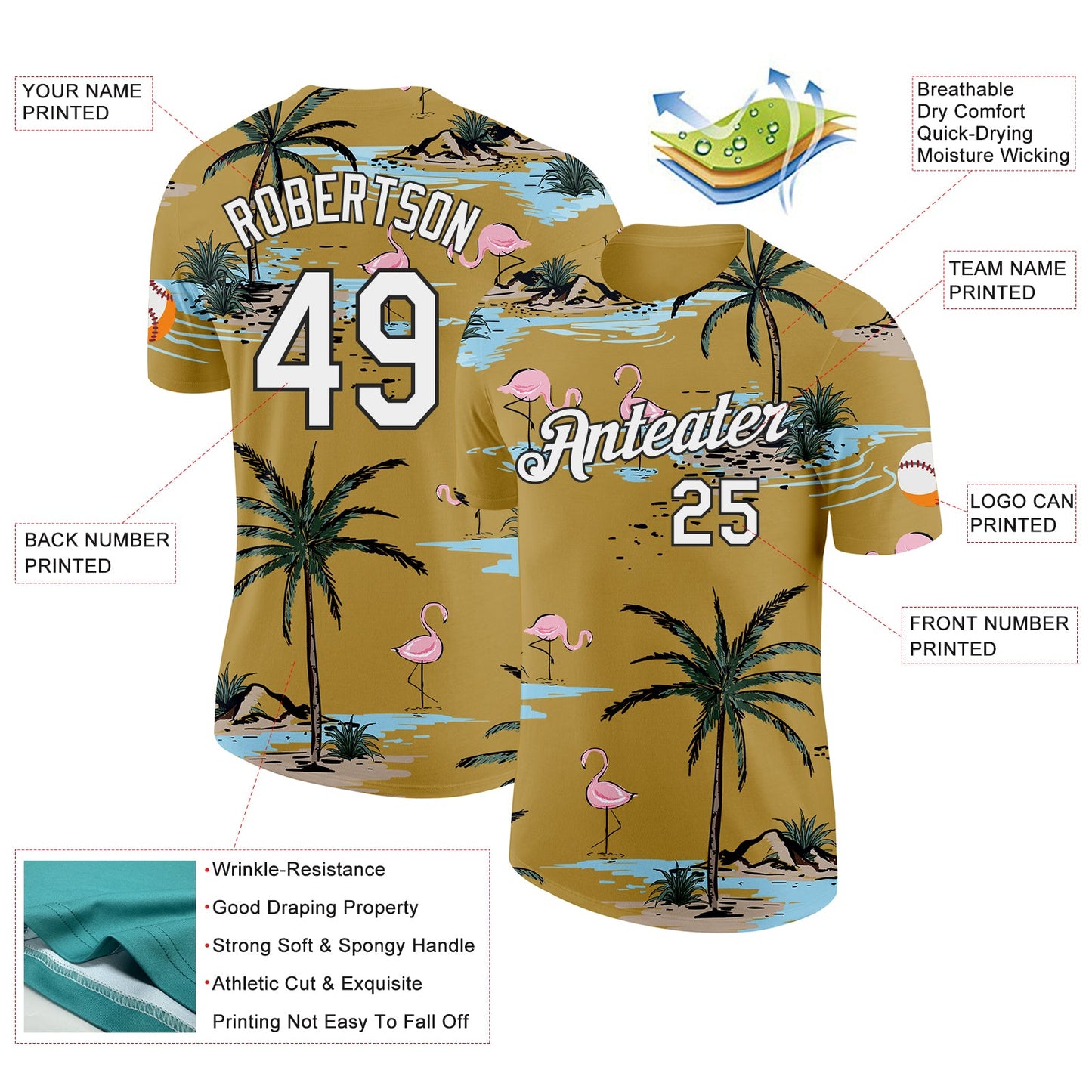Custom Old Gold White-Black Tropical Hawaii Palm Trees Summer Beach Flamingo Performance T-Shirt