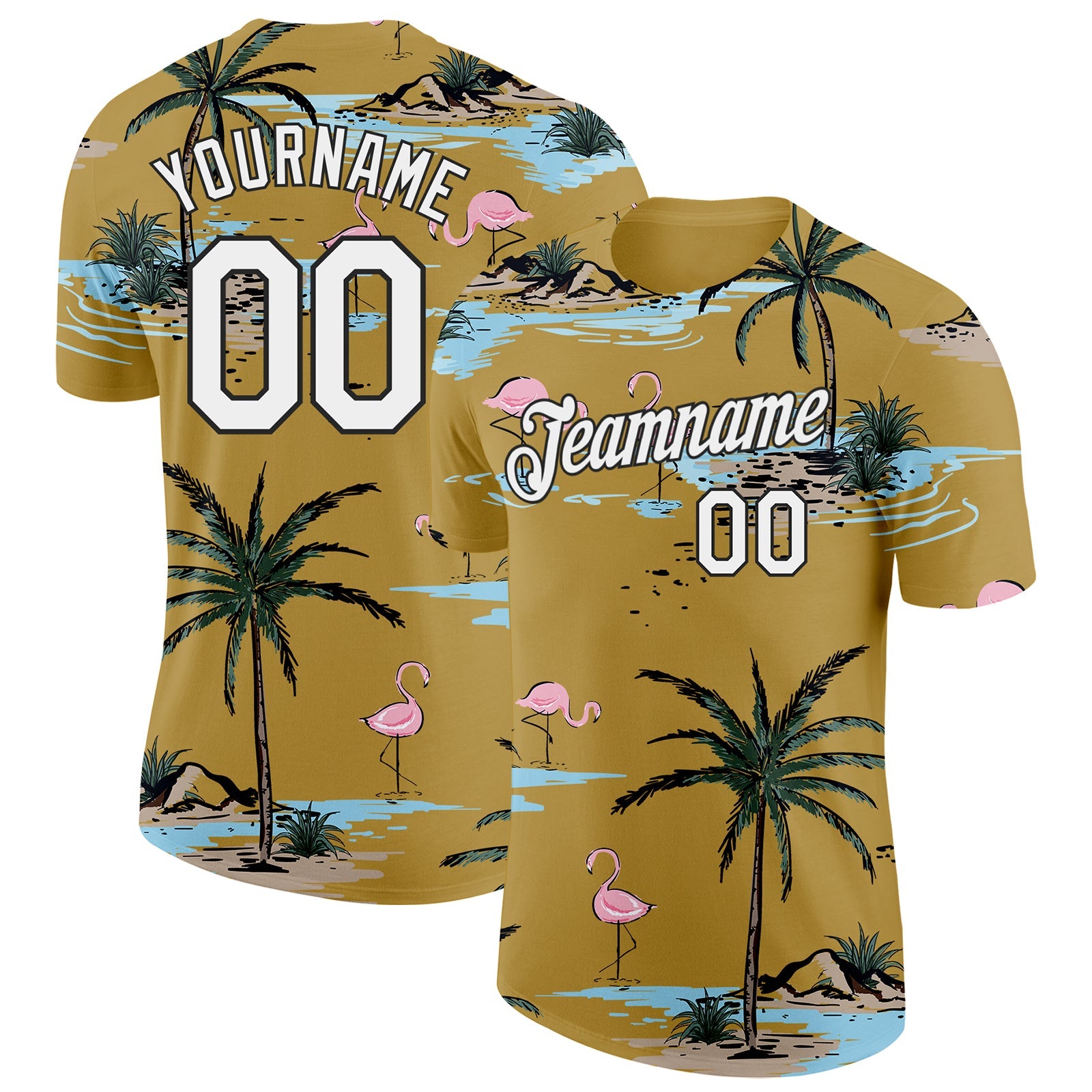 Custom Old Gold White-Black Tropical Hawaii Palm Trees Summer Beach Flamingo Performance T-Shirt