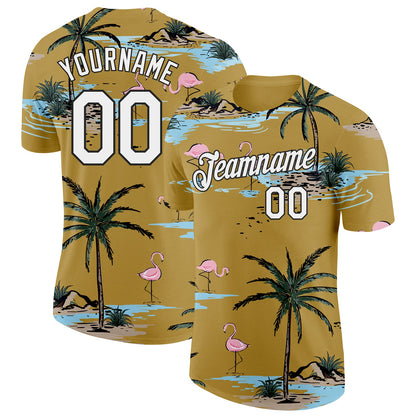 Custom Old Gold White-Black Tropical Hawaii Palm Trees Summer Beach Flamingo Performance T-Shirt