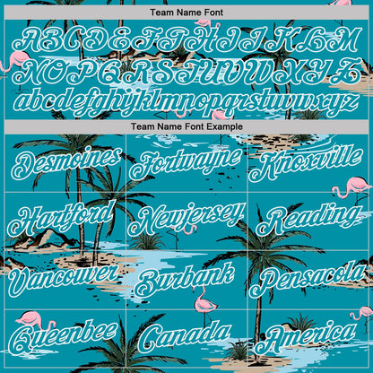 Custom Teal-White Tropical Hawaii Palm Trees Summer Beach Flamingo Performance T-Shirt