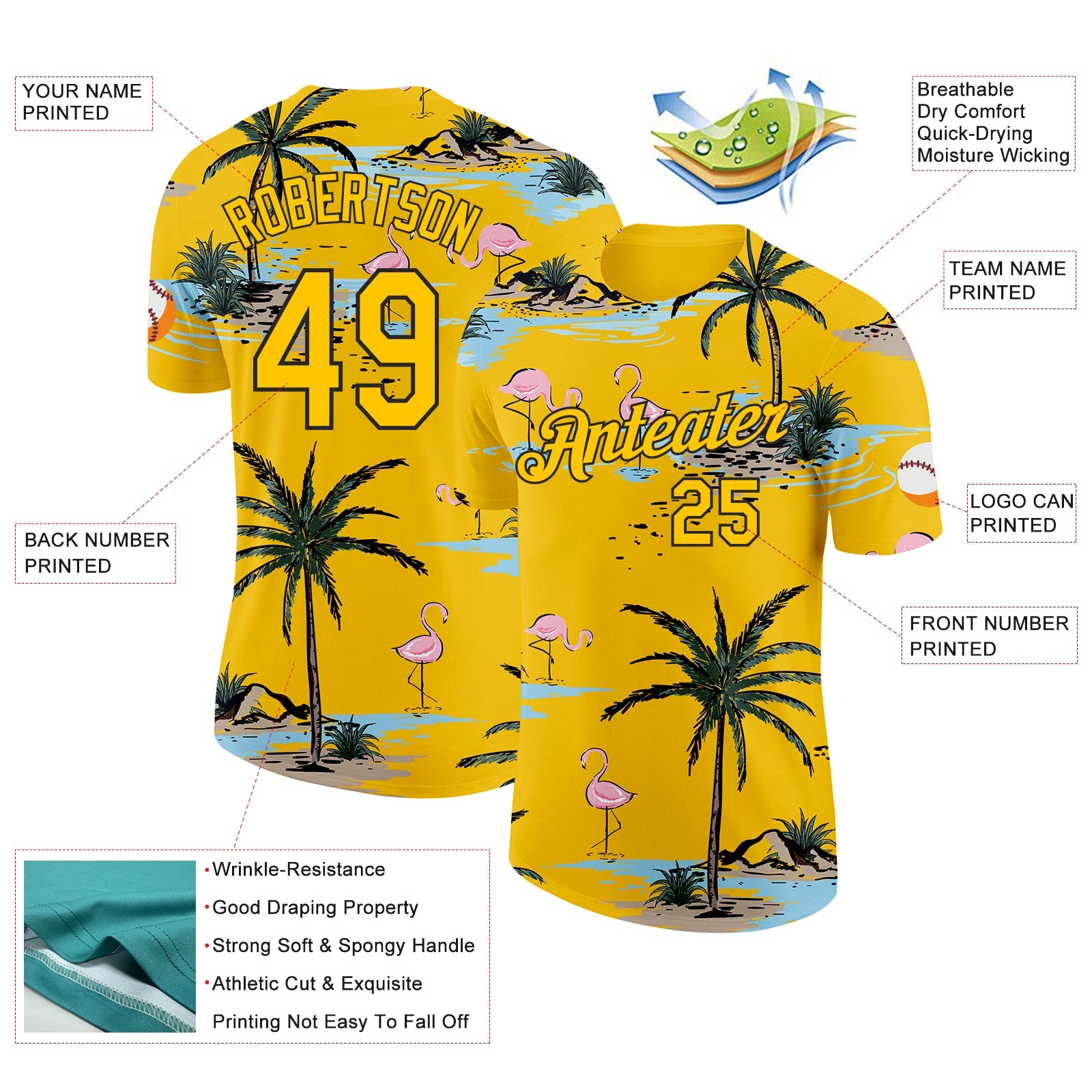 Custom Yellow-Black Tropical Hawaii Palm Trees Summer Beach Flamingo Performance T-Shirt
