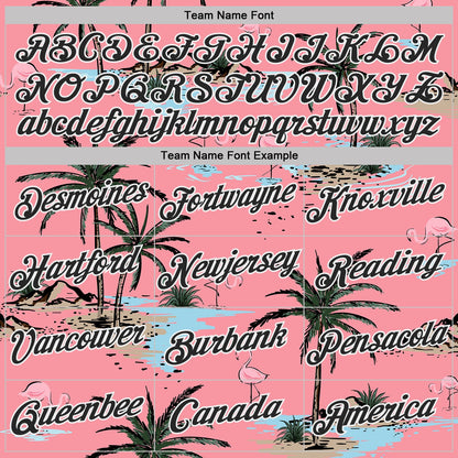 Custom Medium Pink Black-White Tropical Hawaii Palm Trees Summer Beach Flamingo Performance T-Shirt