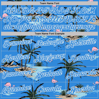Custom Powder Blue-White Tropical Hawaii Palm Trees Summer Beach Flamingo Performance T-Shirt