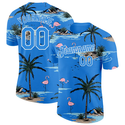 Custom Powder Blue-White Tropical Hawaii Palm Trees Summer Beach Flamingo Performance T-Shirt
