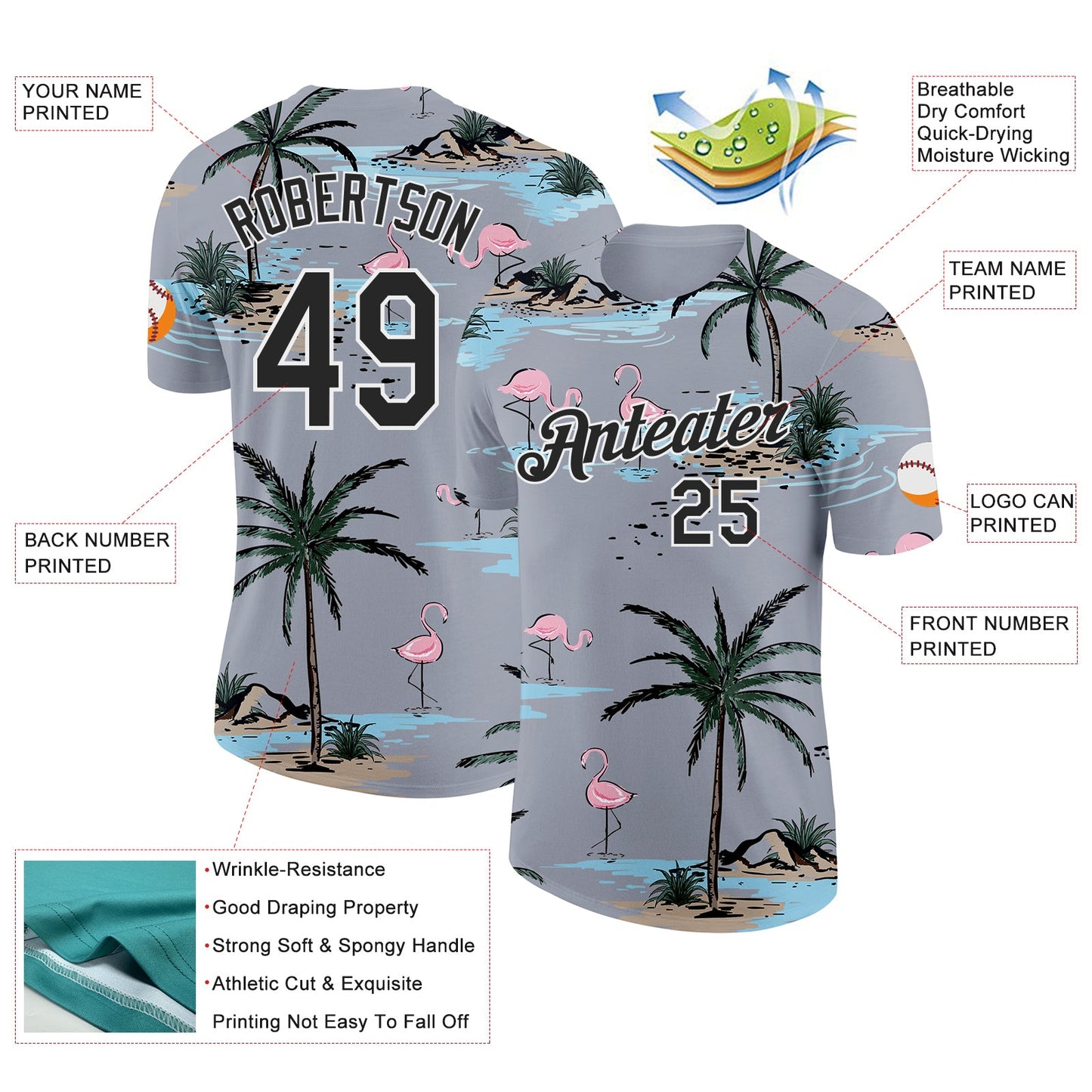 Custom Gray Black-White Tropical Hawaii Palm Trees Summer Beach Flamingo Performance T-Shirt