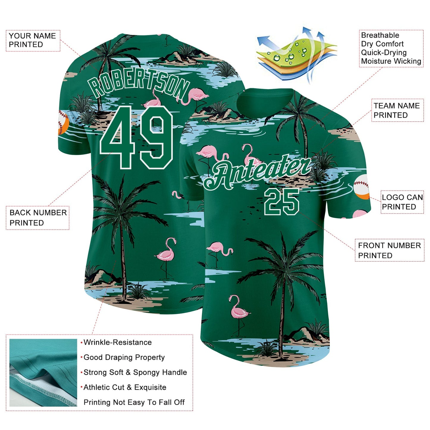 Custom Kelly Green-White Tropical Hawaii Palm Trees Summer Beach Flamingo Performance T-Shirt