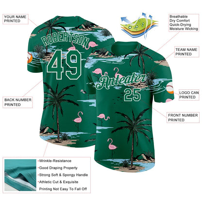 Custom Kelly Green-White Tropical Hawaii Palm Trees Summer Beach Flamingo Performance T-Shirt