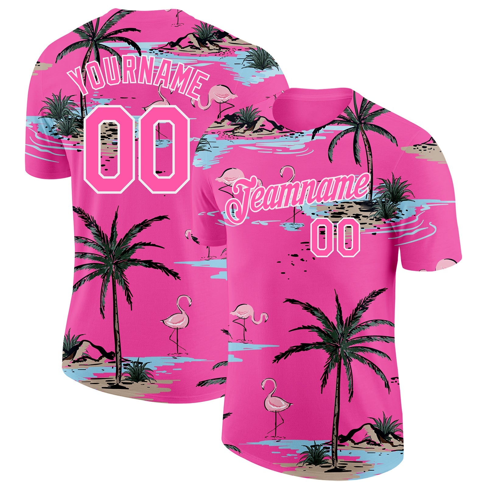 Custom Pink-Black Tropical Hawaii Palm Trees Summer Beach Flamingo Performance T-Shirt